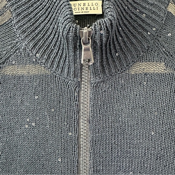 BRUNELLO CUCINELLI Mock Neck Navy Blue Sequin Zip-Up Sweater SZ S - Picture 5 of 8